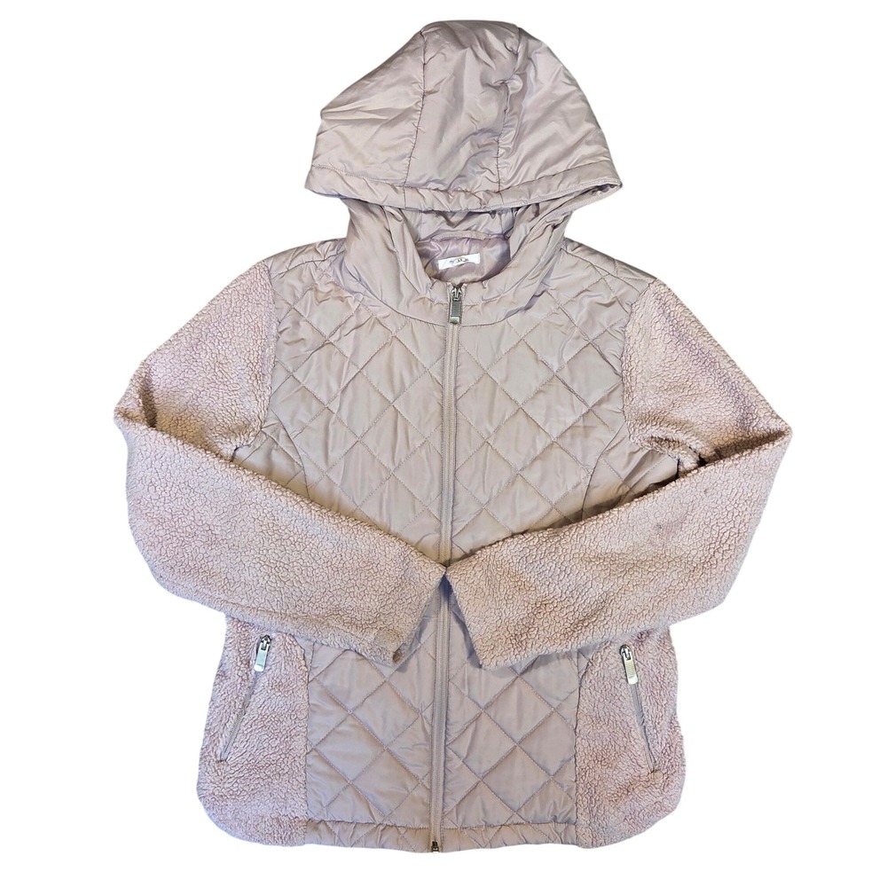 Maurices Womens Blush Pink Quilted Sherpa Hybrid Hooded Jacket Medium Full Zip